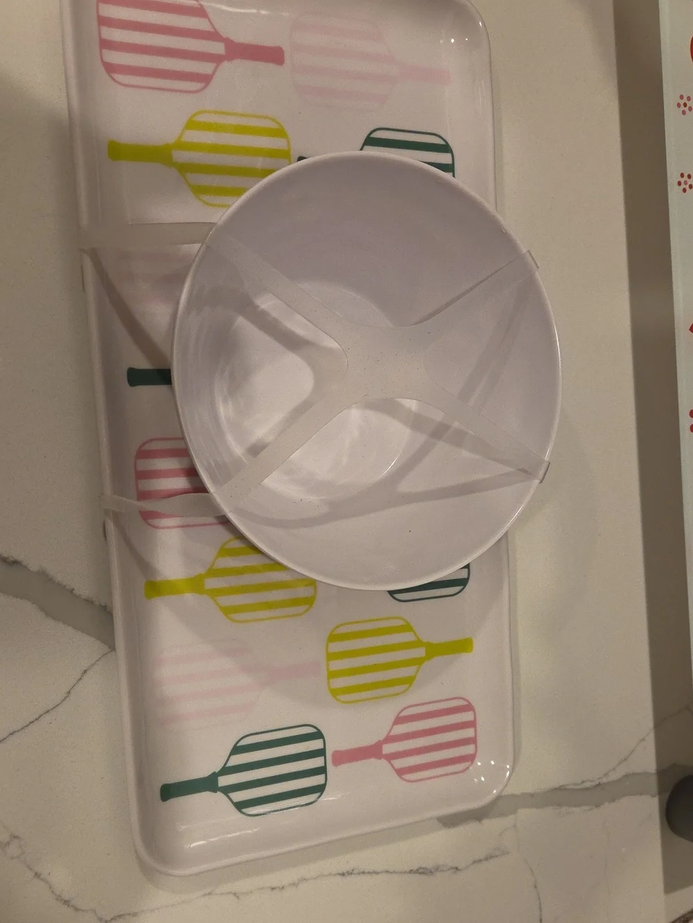 White Plastic Snack Server with Multicolor Paddle Tray